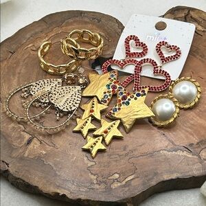 Earrings Set Gold-tone Rhinestone Artisan Dangle Heart Chunky Statement Pierced